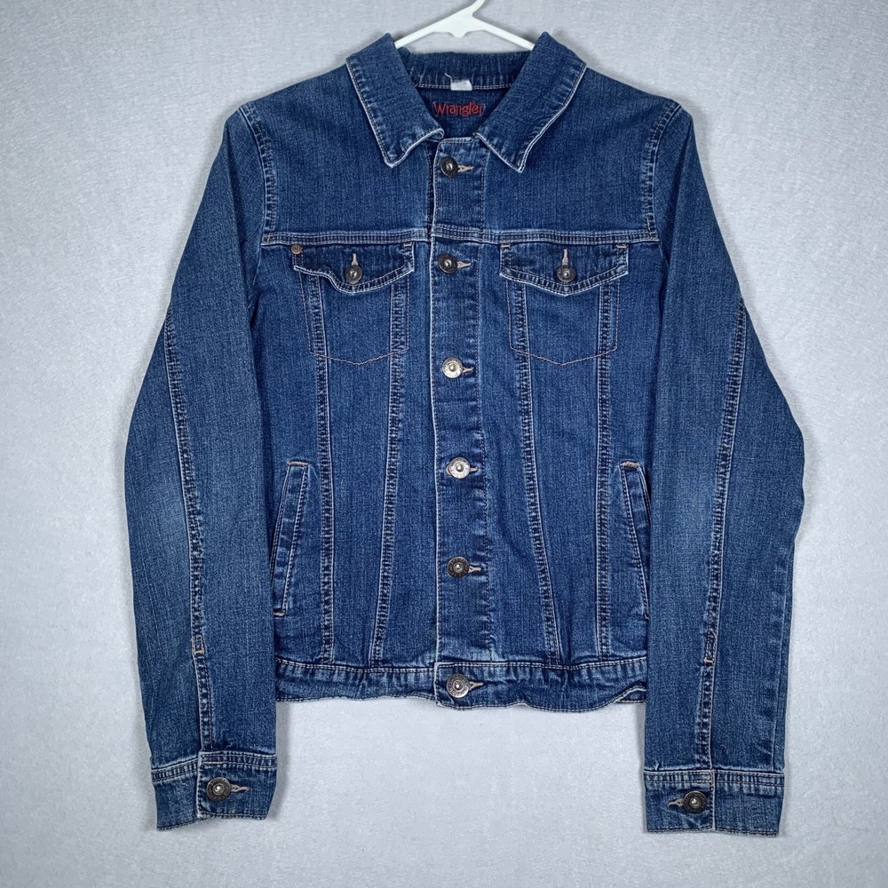 Wrangler Denim Trucker Jacket Womens Medium Blue Stretch Dark Wash